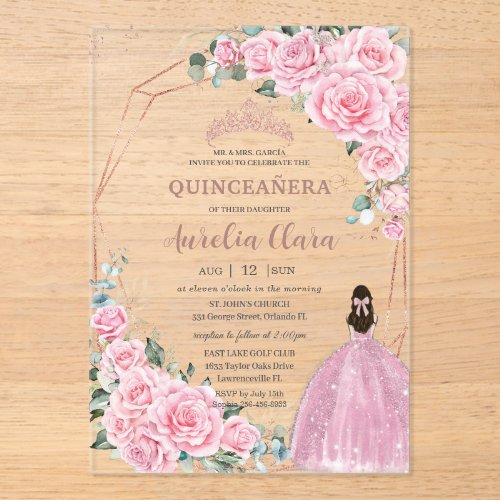 Quinceanera 16th Pink Floral Princess Rose Gold Acrylic Invitations
