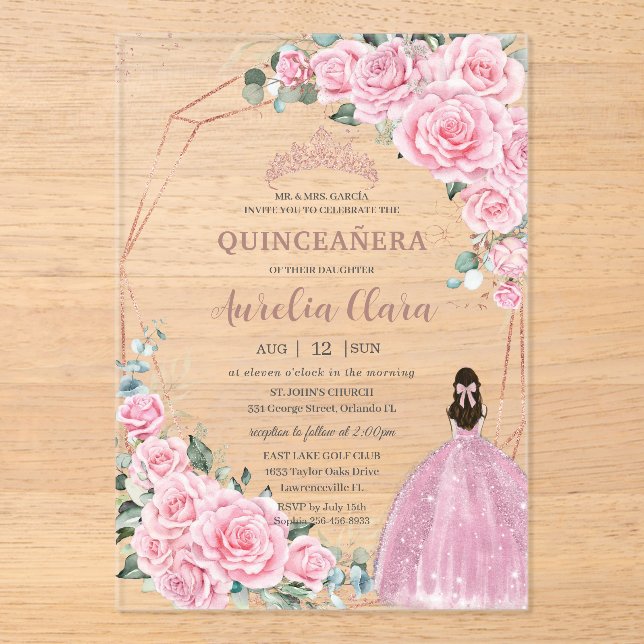 Quinceanera 16th Pink Floral Princess Rose Gold Acrylic Invitations (Front)