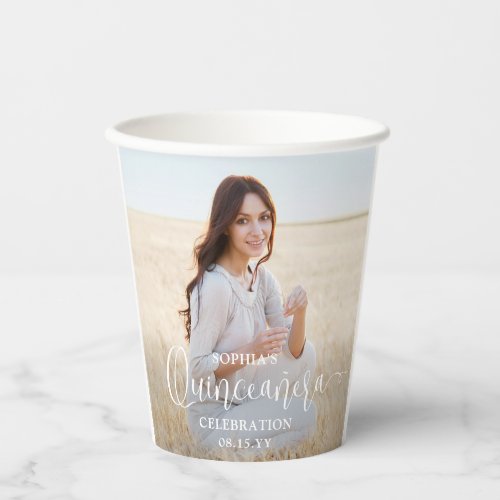 Quinceaera 2 Photos  Modern Trendy White Script Paper Cups