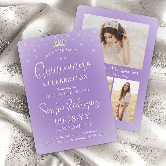 Quinceañera 3 Photo Collage Elegant Lilac Purple Save The Date (Creator Uploaded)