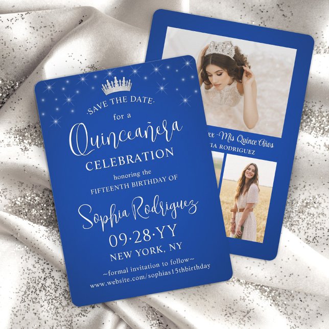 Quinceañera 3 Photo Collage Elegant Royal Blue Save The Date (Creator Uploaded)