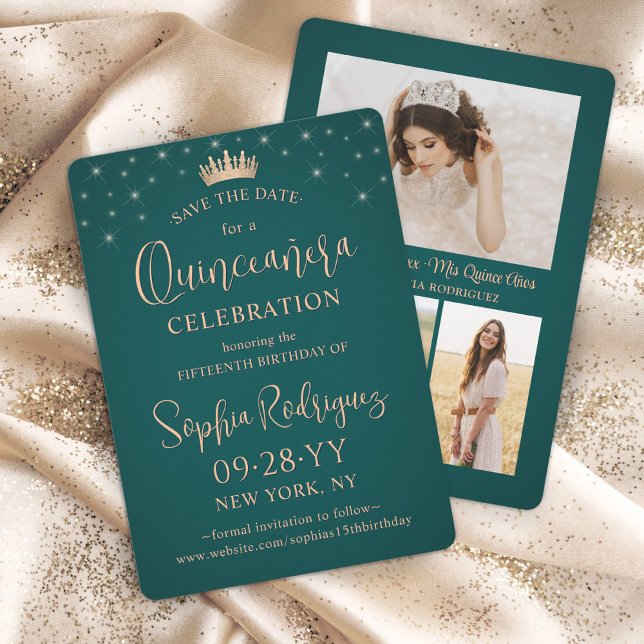 Quinceañera 3 Photo Collage Rose Gold and Green Save The Date (Creator Uploaded)