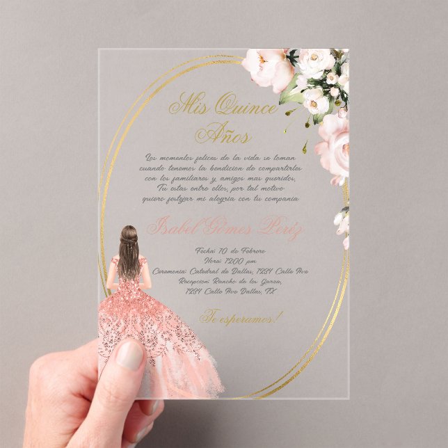 Quinceanera acrylic invitation in Spanish (Insitu (Handheld))