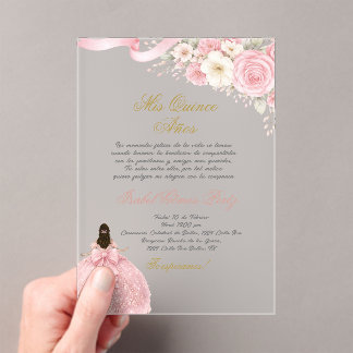 Quinceanera acrylic pink coquette in Spanish Invitations