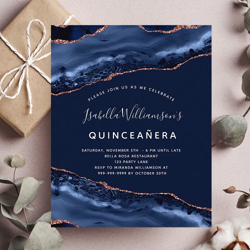 Quinceanera agate blue rose gold budget invitation flyer