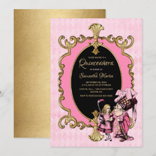 Quinceanera Alice In Wonderland Pink Gold Party In Invitation