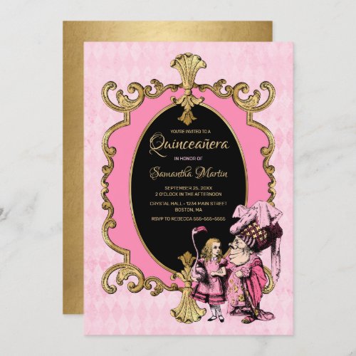 Quinceanera Alice In Wonderland Pink Gold Party In Invitation