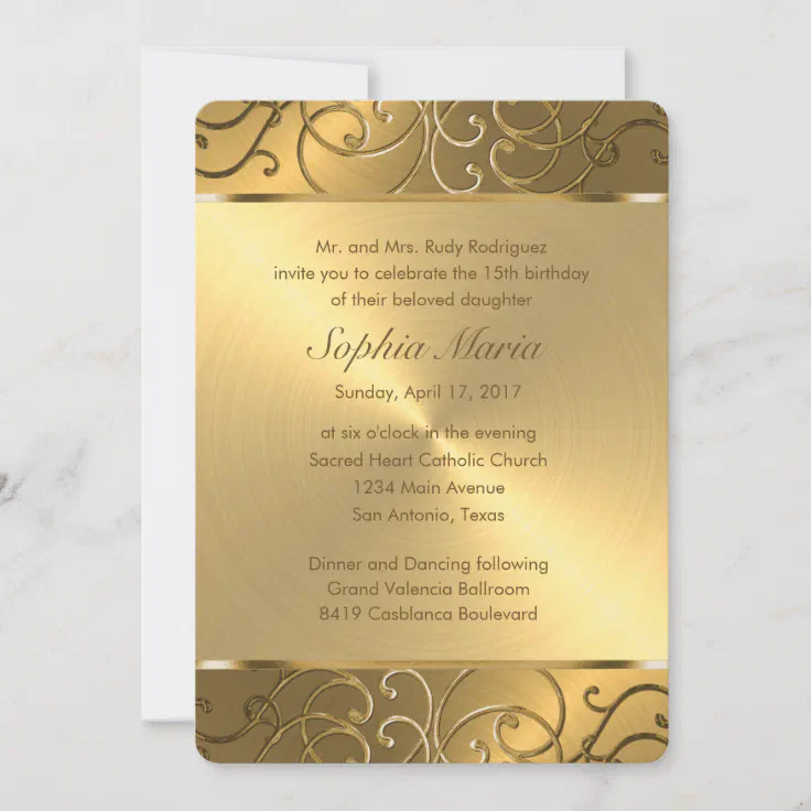 Quinceanera All Gold Filigree Swirl Border Invitation 