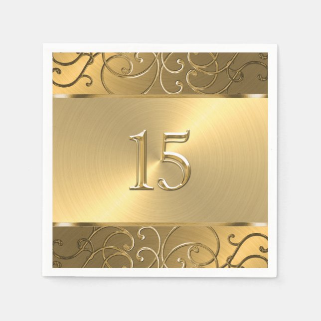 Quinceanera All Gold Filigree Swirl Border Napkins (Front)