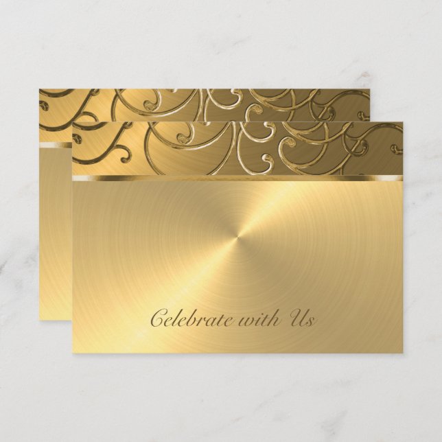 Quinceanera All Gold Filigree Swirl Border RSVP Card (Front/Back)