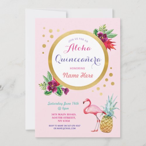 Quinceanera Aloha Flamingo Birthday Party Invite