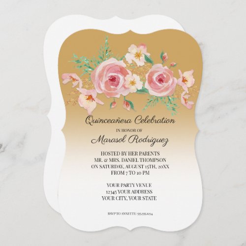 Quinceaera Amber n Blush Watercolor Floral w Gold Invitation