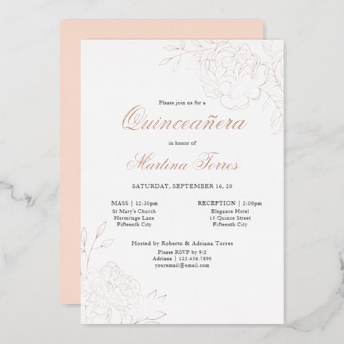 Quinceanera and Mass Elegant Botanical Rose Gold Foil Invitation