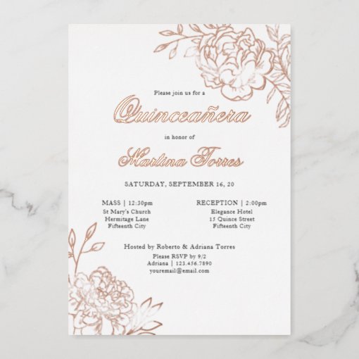 Quinceanera and Mass Elegant Botanical Rose Gold Foil Invitation | Zazzle