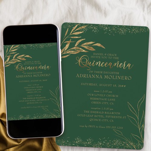Quinceanera and Mass Elegant Green and Gold Leaf Invitation
