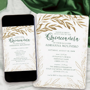 Quinceanera and Mass Elegant Green and Gold Leaves Invitation