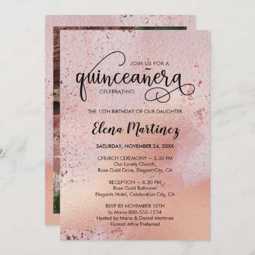 Quinceanera and Mass Elegant Rose Gold Photo Invitation