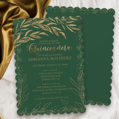 Quinceanera and Mass Emerald Green and Gold Leaves Invitation