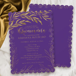 Quinceanera and Mass Luxury Purple and Gold Leaves Invitation