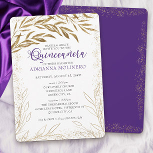Quinceanera and Mass Luxury Purple and Gold Leaves Invitation