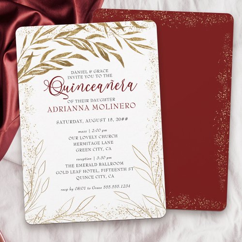 Quinceanera and Mass Luxury Red and Gold Leaves Invitation