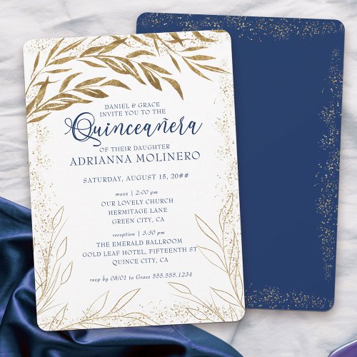 Quinceanera and Mass Luxury Royal Blue Gold Leaves Invitation