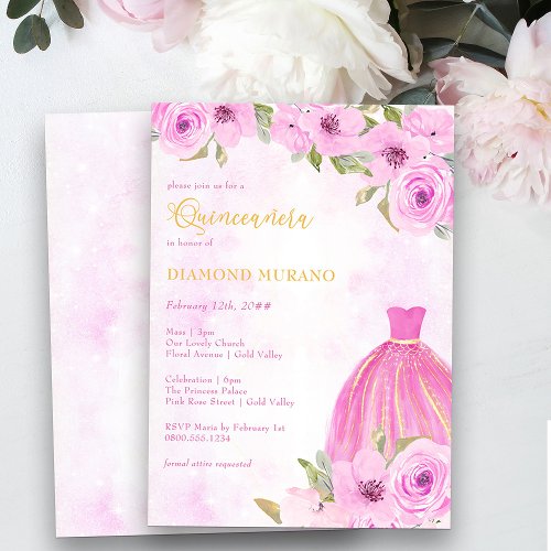 Quinceanera and Mass Pink and Gold Floral Princess Invitation