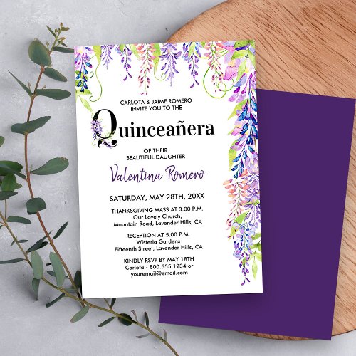 Quinceanera and Mass Purple Floral Wisteria Invitation