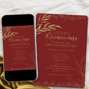 Quinceanera and Mass Red and Gold Leaf Invitation