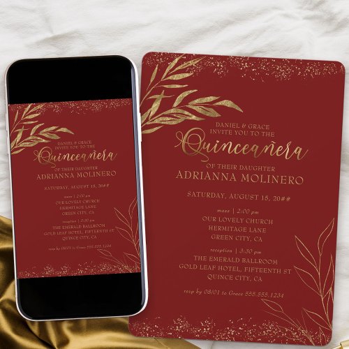 Quinceanera and Mass Red and Gold Leaf Invitation