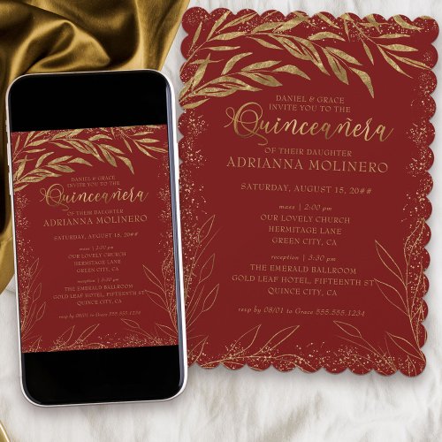 Quinceanera and Mass Red and Gold Leaves Invitation