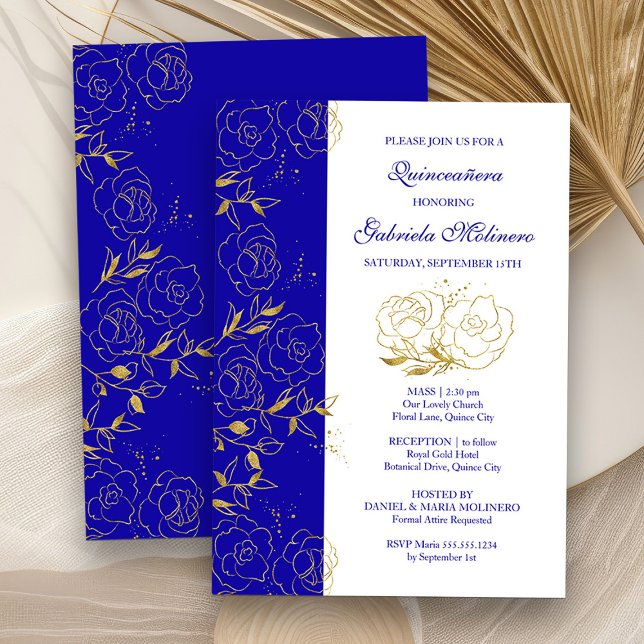 Quinceanera and Mass Royal Blue and Gold Floral Invitation (Mass and Quinceanera Invitation from my Elegant Gold Flowers Quinceanera Collection)