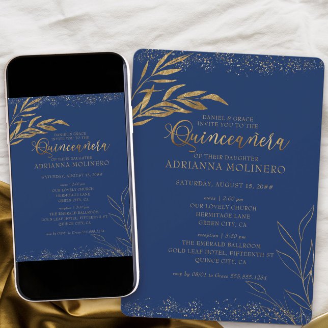 Quinceanera and Mass Royal Blue and Gold Leaf Invitation (Elegant invitation to Quinceanera and church ceremony in blue from my Gold Leaf Collection
)