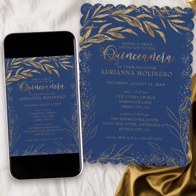 Quinceanera and Mass Royal Blue and Gold Leaves Invitation