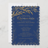 Quinceanera and Mass Royal Blue and Gold Leaves Invitation (Front)