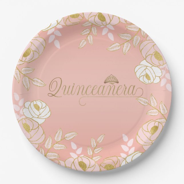 Quinceanera and Tiara Botanical in Pink and Gold Paper Plates (Front)