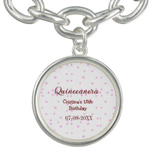 Quinceanera anos 15th birthday add name pink dots bracelet