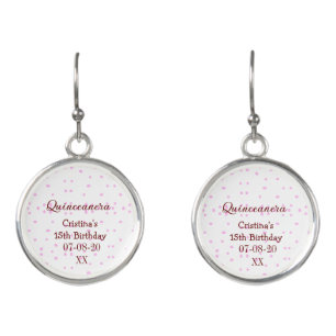 Quinceanera anos 15th birthday add name pink dots earrings
