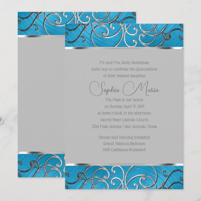 Quinceañera Any Color Border Silver Filigree Swirl Invitation (Front/Back)