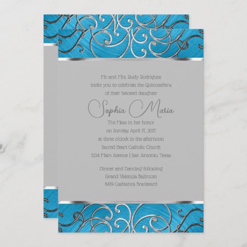 Quinceaera Any Color Border Silver Filigree Swirl Invitation