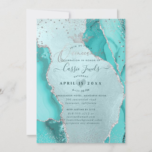 Quinceanera, Aqua Blue Agate Faux Silver Confetti Invitation (Back)