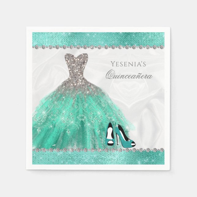 Quinceañera Aqua Diamond Sparkle Glitter Napkins (Front)
