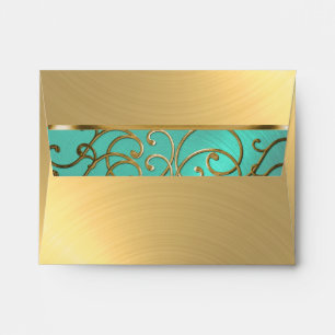 Quinceanera Aqua Green and Gold Filigree Swirls Envelope