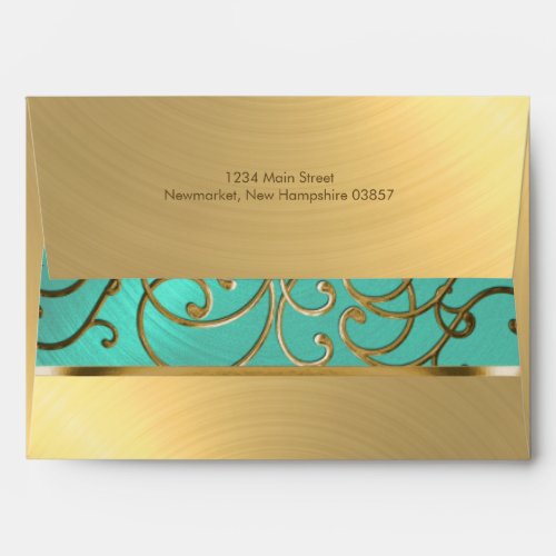 Quinceanera Aqua Green and Gold Filigree Swirls Envelope