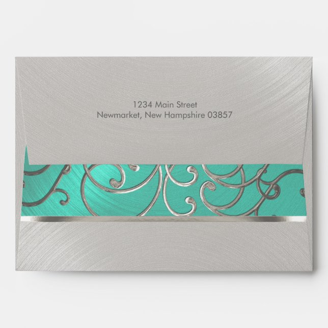 Quinceanera Aqua Green and Silver Filigree Swirls Envelope (Back (Top Flap))