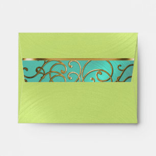 Quinceanera Aqua Lime Green Gold Filigree Swirls Envelope