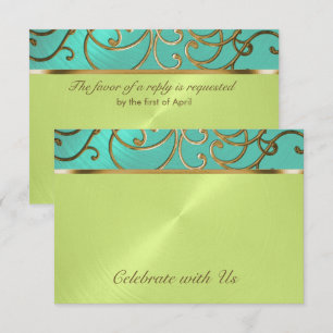 Quinceanera Aqua Lime Green Gold Filigree Swirls Invitation