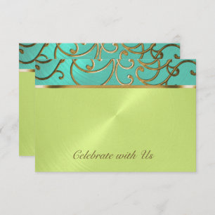 Quinceanera Aqua Lime Green Gold Filigree Swirls Invitation