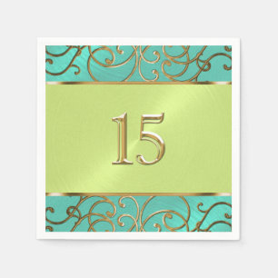 Quinceanera Aqua Lime Green Gold Filigree Swirls Napkins