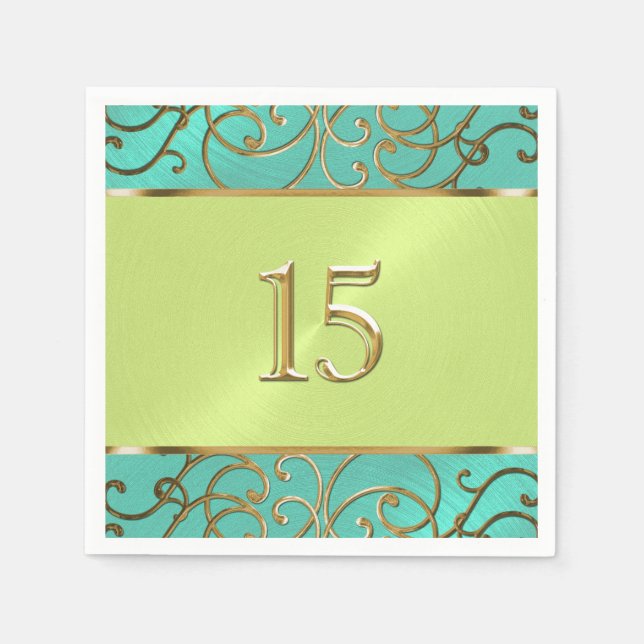 Quinceanera Aqua Lime Green Gold Filigree Swirls Napkins (Front)